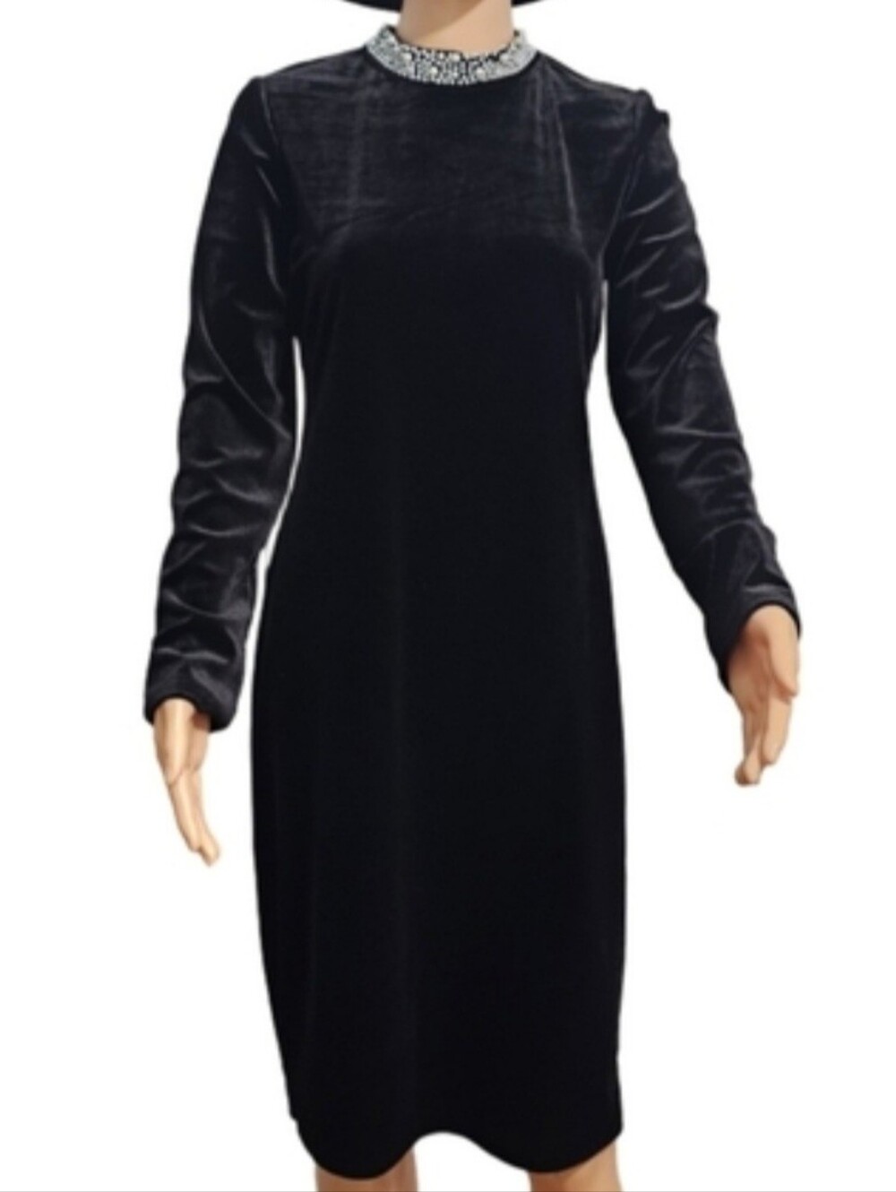 Marina Velvet Long Sleeves Faux Pearls Collar Whimsigoth Black Dress Sz 8